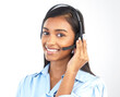 © Duther T/peopleimages.com - Callcenter, customer service and portrait of Indian woman worker in a isolated studio. Marketing help, networking and web support consulting of a contact us employee with smile from call center crm