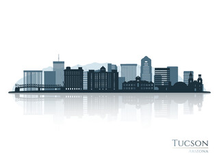 Tucson skyline silhouette with reflection. Landscape Tucson, Arizona. Vector illustration.