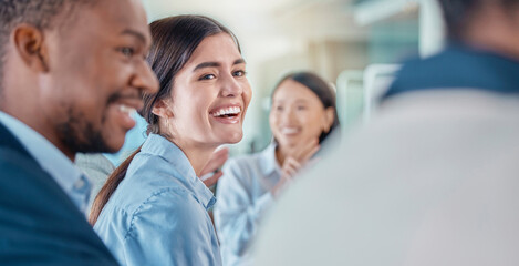 Poster - Smile, meeting and workshop with a business woman laughing in the boardroom during a training seminar. Happy, collaboration or conference and a female employee in the office with a colleague group