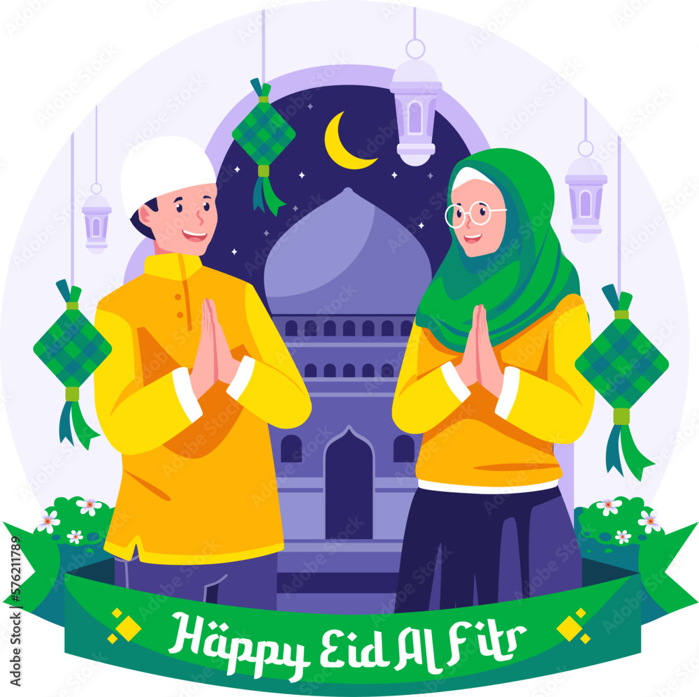 Happy Eid Mubarak With A Muslim Man And A Woman Greeting Each Other And