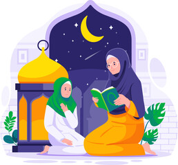 Wall Mural - A Muslim mother teaches his daughter to read Quran. Muslim people read Quran in the holy month of Ramadan. Muslim Family read Koran on Ramadan concept illustration