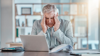Aufkleber - Stress, burnout and senior businessman with a headache, business problem and crisis on a laptop. Mental health, tired and mature employee with a migraine, bad news and pain from a work deadline