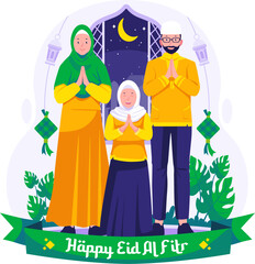 Wall Mural - Happy Eid Mubarak greeting illustration concept. A Muslim Family wishing and greeting Eid al-fitr