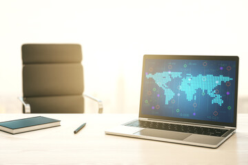 Poster - Abstract digital world map on modern computer monitor, big data and blockchain concept. 3D Rendering