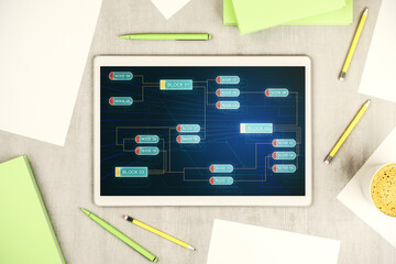 Leinwandbilder - Top view of modern digital tablet screen with abstract creative programming illustration, big data and blockchain concept. 3D Rendering