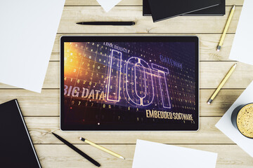 Poster - Creative IOT illustration on modern digital tablet display, future technology concept. Top view. 3D Rendering