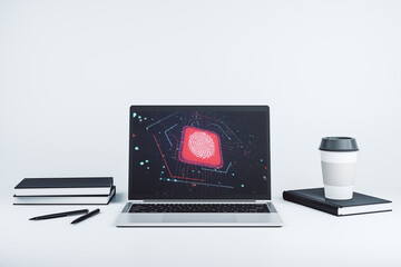 Poster - Computer monitor with abstract fingerprint scan interface, digital access concept. 3D Rendering