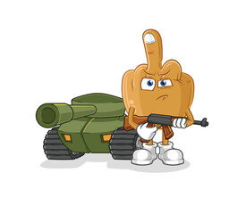 Sticker - middle finger soldier with tank character. cartoon mascot vector