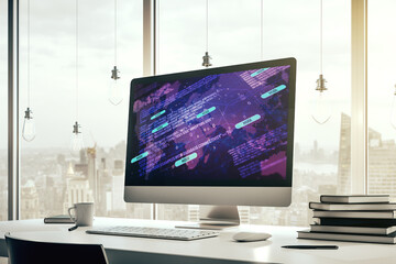 Fototapete - Computer monitor with abstract creative programming illustration and world map, big data and blockchain concept. 3D Rendering