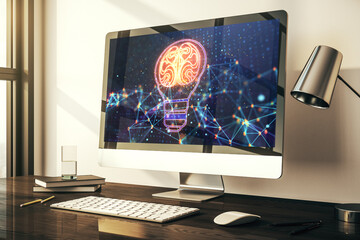 Aufkleber - Creative light bulb illustration with human brain on modern computer monitor, future technology concept. 3D Rendering