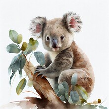 Portrait Of A Cute Baby Koala, Watercolor Illustration