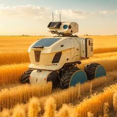 harvesting robot, an autonomous vehicle for management in a grain field in agriculture, commercial vehicle robot with artificial intelligence wheat big wheels yellow modern technology Generative AI