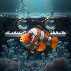 piano, underwater, clown fish plays the piano, in sunglasses funny music musicians concert sound bass volume echo keys glasses fin coral Generative AI