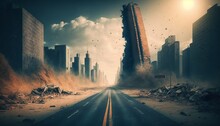 Conceptual Image Of A Destroyed City Street With A Cracked Asphalt Road. Generative AI