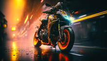 Motorcycle Parked On The Side Of The Road In The Rain, Futuristic Concept With Neon And Speed Light