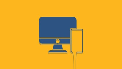 Sticker - Blue Computer monitor and mobile phone icon isolated on orange background. Earnings in the Internet, marketing. 4K Video motion graphic animation