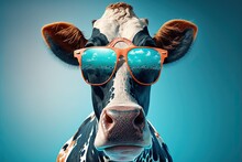 Funny Cow In Sunglasses On A Blue Background. Farm Animals, Funny Concept Idea, Reflection In Glasses, High Resolution, Art, Generative Artificial Intelligence