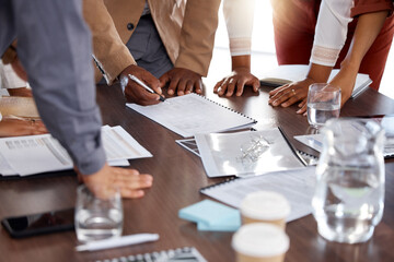 Poster - Hands, documents and contract with a business team signing paperwork in the office during a meeting. Accounting, collaboration or finance with a manager and employee group reading a checklist