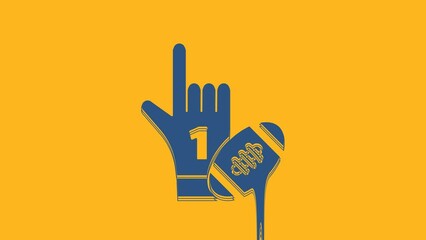 Canvas Print - Blue Number 1 one fan hand glove with finger raised and american football ball icon isolated on orange background. Set of sport equipment. 4K Video motion graphic animation