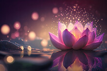 Magic Pink Lotus Flower On Water - Shiny Blossom Lights With Bokeh Background, Generative AI