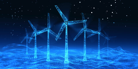 Poster - Clean and eco energy industrial concept with blue digital windmills full of energy on wavy technological floor and dark background. 3D rendering