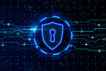 Fototapete - Internet privacy or cyber protection concept with digital blue shield and keyhole in a circle on abstract dark technological background with circuit scheme. 3D rendering