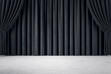 Aufkleber - Front view on empty light concrete floor with place for your product presentation on black backstage curtain background. 3D rendering, mockup