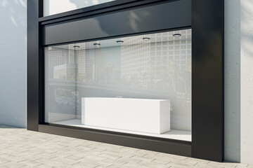 Poster - Perspective view on blank podium on empty shop window background with place for your product presentation behind glass walls with city reflection in modern building outdoors. 3D rendering, mock up