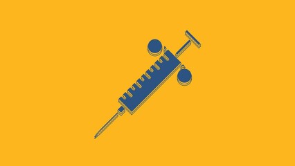 Sticker - Blue Syringe icon isolated on orange background. Syringe for vaccine, vaccination, injection, flu shot. Medical equipment. 4K Video motion graphic animation