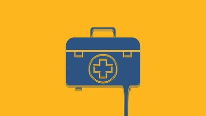 Sticker - Blue First aid kit icon isolated on orange background. Medical box with cross. Medical equipment for emergency. Healthcare concept. 4K Video motion graphic animation