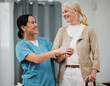 © Mumtaaz D/peopleimages.com - Senior woman, support and walking stick with nurse holding hands for disability help or retirement nursing. Elderly patient or disabled person with friendly home caregiver for Parkinson or arthritis