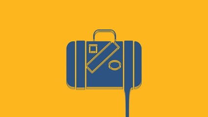 Sticker - Blue Suitcase for travel and stickers icon isolated on orange background. Traveling baggage sign. Travel luggage icon. 4K Video motion graphic animation