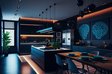 An ultra modern, spacious apartment with a trendy luxury kitchen decor in dark hues, very cool led lighting, an island for cooking, and a dining room