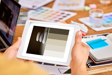 Leinwandbilder - Tablet, graphic designer and color gradient with hands of person for planning, creative and art. Website, branding and edit with employee and screen for digital, developer and app in startup studio