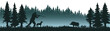 © Corri Seizinger - Wildlife forest woods misty fog landscape hunt hobby background banner illustration vector for logo - Silhouette of hunter and dog hunting, wild boar and forest trees fir, isolated on white background