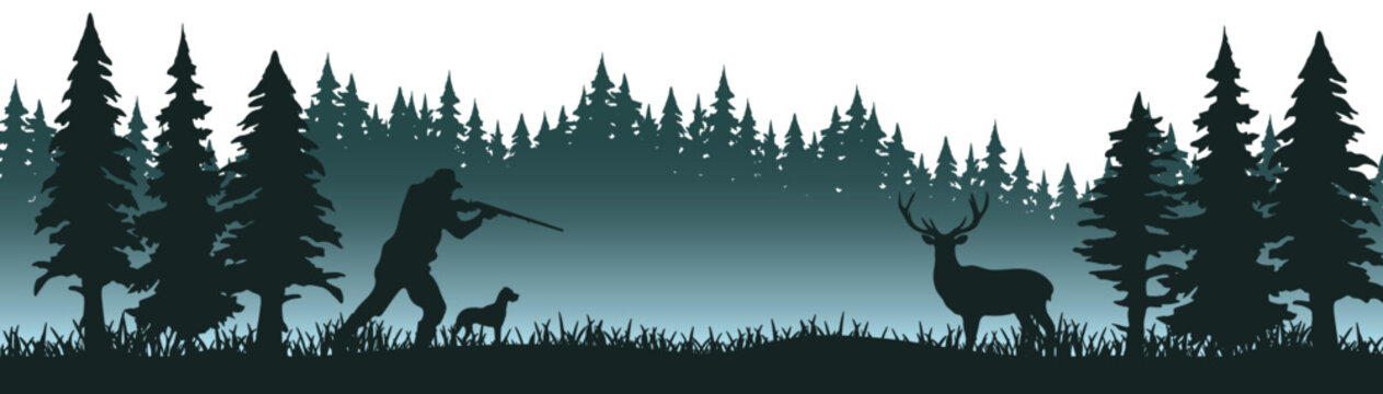 Fototapete - Wildlife forest woods misty fog landscape hunt hobby background banner illustration vector for logo - Silhouette of hunter and dog hunting, deer and forest trees fir, isolated on white background