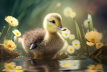 Tiny Fluffy Cute Baby Duck In The Pond With Flowers, Generative AI