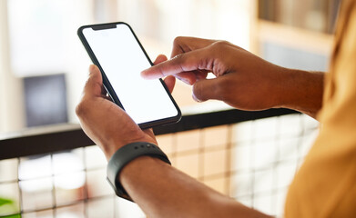 Aufkleber - Phone screen, mockup and hands typing in city for product placement, marketing or advertising. Technology, branding space and black man with 5g mobile smartphone for social media and web browsing.