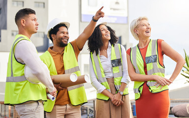 Poster - Engineering, construction or architecture team together for ideas, planning and strategy to build. Diversity men and women collaboration on a building project point hand for industrial development