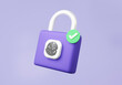 © N ON NE ON - 3D fingerprint padlock with checkmark approved floating on purple background. lock cyber security protection concept. account identity id privacy password secure personal data information. 3d render