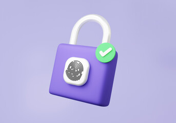 Poster - 3D fingerprint padlock with checkmark approved floating on purple background. lock cyber security protection concept. account identity id privacy password secure personal data information. 3d render