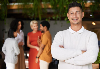 Poster - Portrait, smile and business man with arms crossed and pride for career or job. Ceo, professional mindset and happy, proud and confident male entrepreneur from Brazil in office workplace at night.