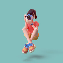 Cute Kawaii Funny Asian K-pop Girl Wears Fashion Clothes Yellow Shorts, Red T-shirt Sits Cross-legged Holds Blue Camera In Hands Takes Photo Floats In Air In Zero Gravity. 3d Render On Light Turquoise