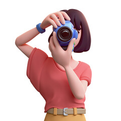 Wall Mural - Portrait of cute kawaii funny asian brunette k-pop photographer girl in fashion casual clothes yellow shorts red t-shirt holding blue camera in hands takes photos. 3d render isolated transparent