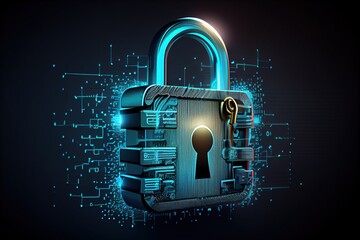 Wall Mural - Cybersecurity Padlock. Modern 3d illustration of data protection, digital lock. Antivirus for cyber security. Software development, encryption, data protection. Generative AI