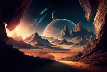 Space  Landscape. Desert Landscape On The Surface Of Another Planet With Mountains And Giant Moon In Space. Extraterrestrial Landscape, Scenery Of Alien Planet In Deep Space. Generative AI