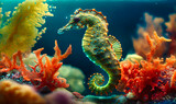 Fototapeta Do akwarium - A seahorse floating peacefully in the gentle currents