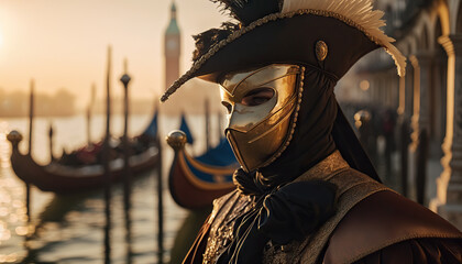 Masked person in carnival costume in Venice. Based on Generative AI