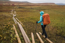 Single Hiker On Section Of Trail Under Repair, Between Aigert And Serve Huts, Kungsleden Trail, Lapland, Sweden