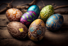 Colorful Easter Eggs On Wooden Background - Generative Ai